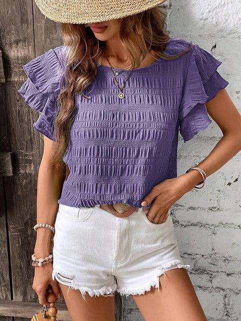 Round Neck Flounce Sleeve Blouse Trendsi