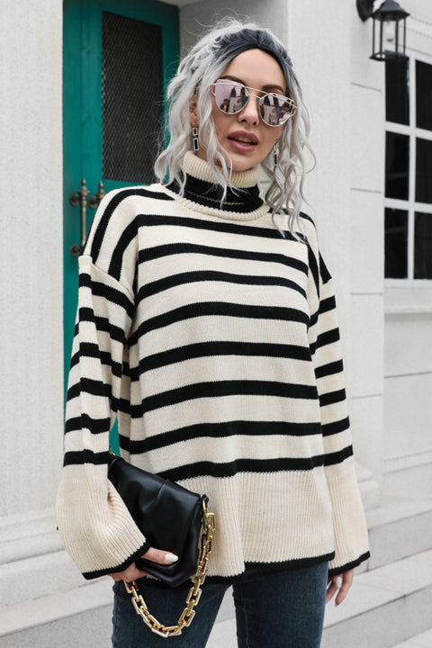 Striped Turtleneck Drop Shoulder Sweater Trendsi