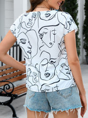 Line Drawing Print Notched Short Sleeve Blouse