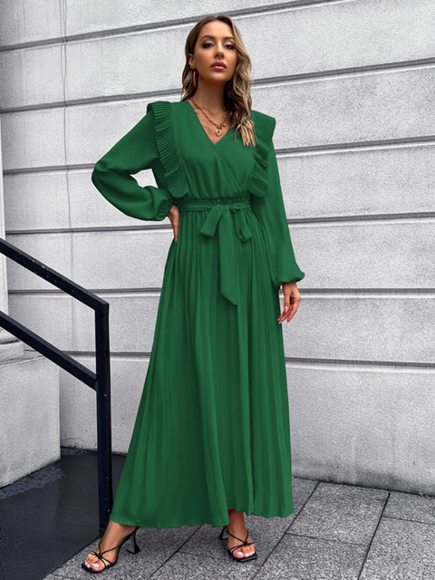 Pleated Surplice Tie Waist Maxi Dress Trendsi