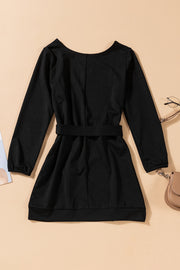 Boat Neck Belted Long Sleeve Dress