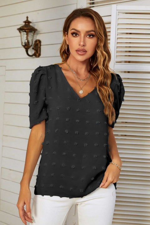 Swiss Dot V-Neck Puff Sleeve Blouse