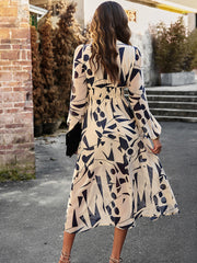 Printed V-Neck Long Sleeve Midi Dress Trendsi