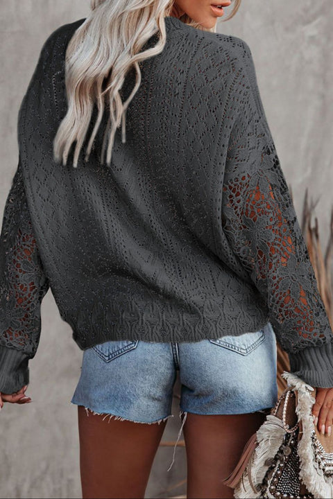 Openwork Lantern Sleeve Dropped Shoulder Sweater Trendsi