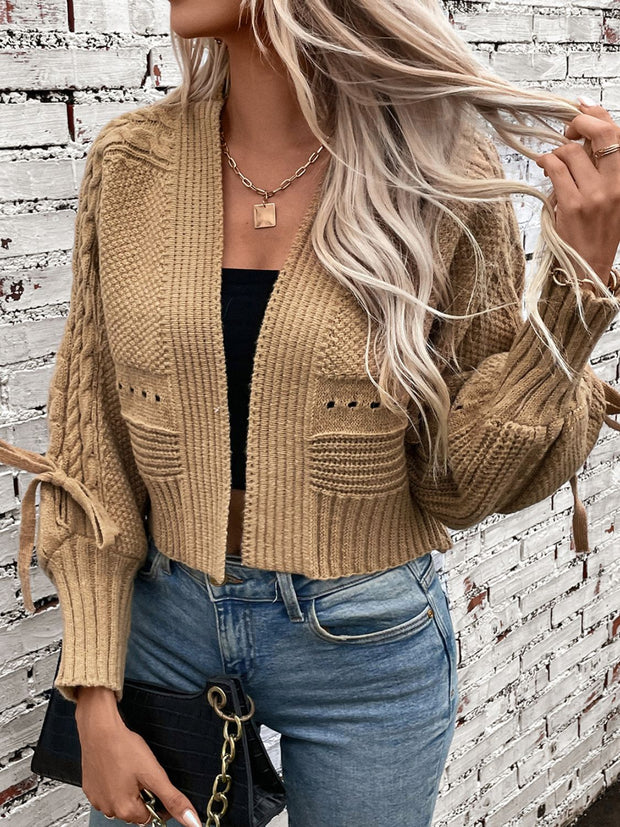 Cable-Knit Tied Open Front Lantern Sleeve Cardigan Trendsi