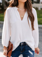 Notched Neck Long Sleeve Blouse Trendsi