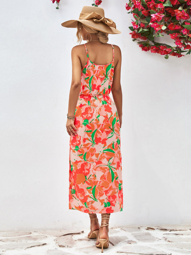 Printed Spaghetti Strap Front Slit Dress Trendsi