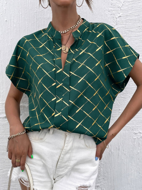 Printed Notched Short Sleeve Blouse Trendsi