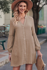 Notched Button Up Balloon Sleeve Longline Top Trendsi