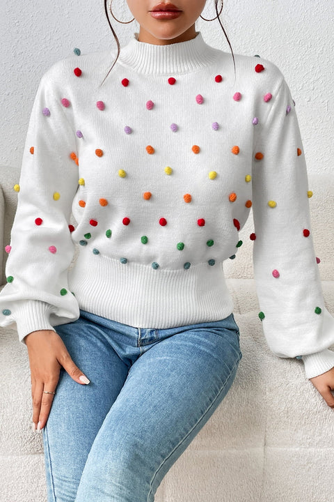 Pom-Pom Trim Mock Neck Long Sleeve Pullover Sweater Trendsi