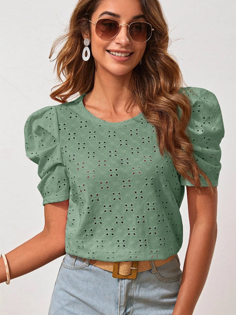 Eyelet Round Neck Puff Sleeve Blouse Trendsi