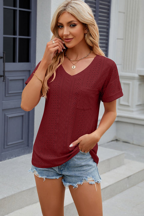 Eyelet V-Neck Short Sleeve T-Shirt Trendsi