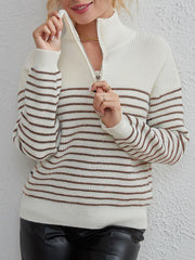 Striped Half Zip Long Sleeve Sweater Trendsi