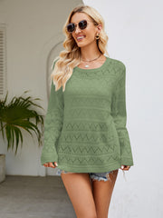 Round Neck Openwork Long Sleeve Knit Top Trendsi