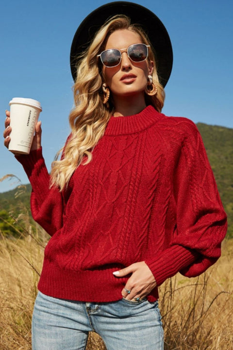 Ribbed Mock Neck Lantern Sleeve Sweater Trendsi