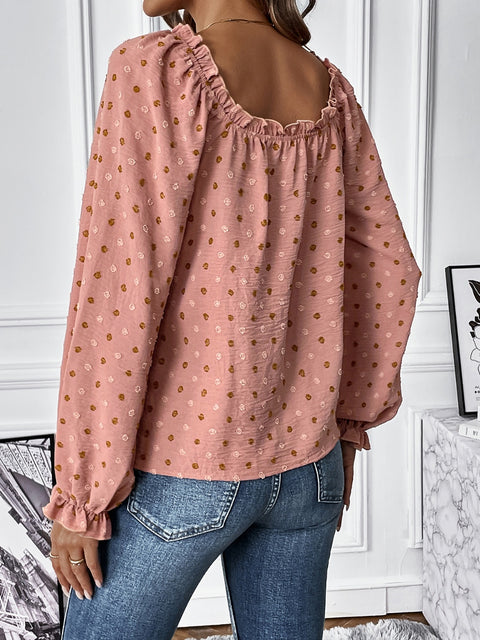 Swiss Dot Square Neck Flounce Sleeve Blouse Trendsi