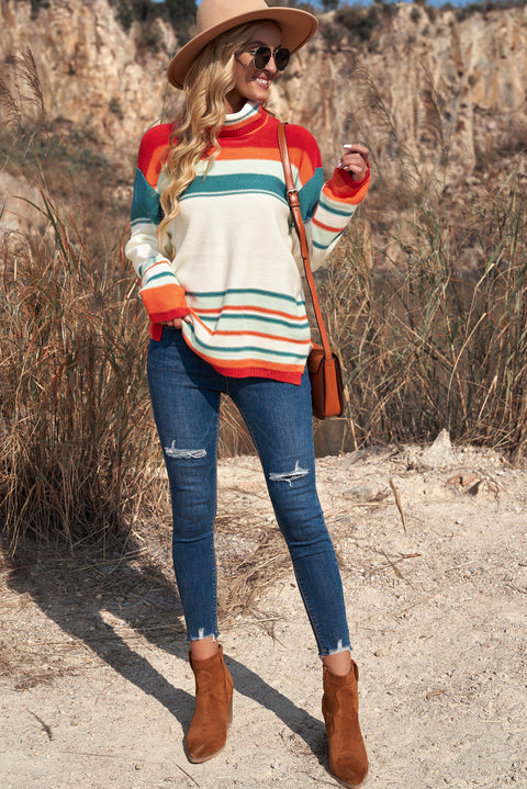 Woven Right Striped Turtleneck Drop Shoulder Sweater Trendsi