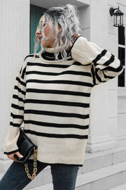 Striped Turtleneck Drop Shoulder Sweater Trendsi