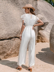 Lace Detail Plunge Cap Sleeve Jumpsuit Trendsi