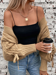 Cable-Knit Tied Open Front Lantern Sleeve Cardigan Trendsi