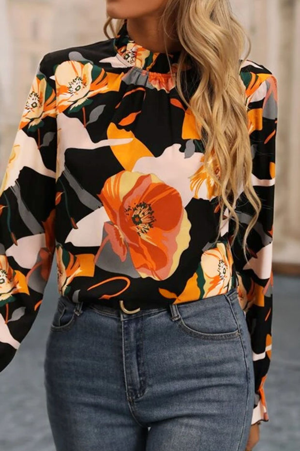 Floral Mock Neck Flounce Sleeve Blouse Trendsi