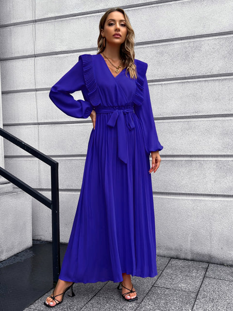 Pleated Surplice Tie Waist Maxi Dress Trendsi