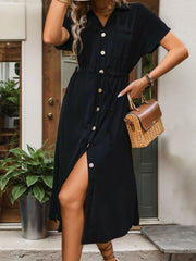 Slit Drawstring Button Up Short Sleeve Midi Dress