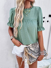 Eyelet Mock Neck Flounce Sleeve Blouse Trendsi