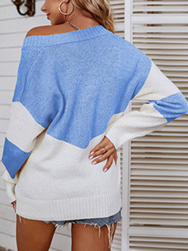 Color Block V-Neck Sweater Trendsi