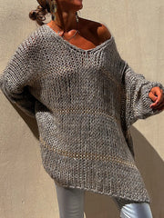 Openwork V-Neck Long Sleeve Sweater Trendsi