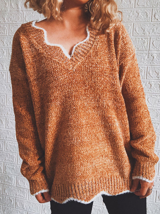 Notched Dropped Shoulder Long Sleeve Sweater Trendsi