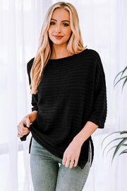 Round Neck Dropped Shoulder Side Slit Pullover Sweater Trendsi