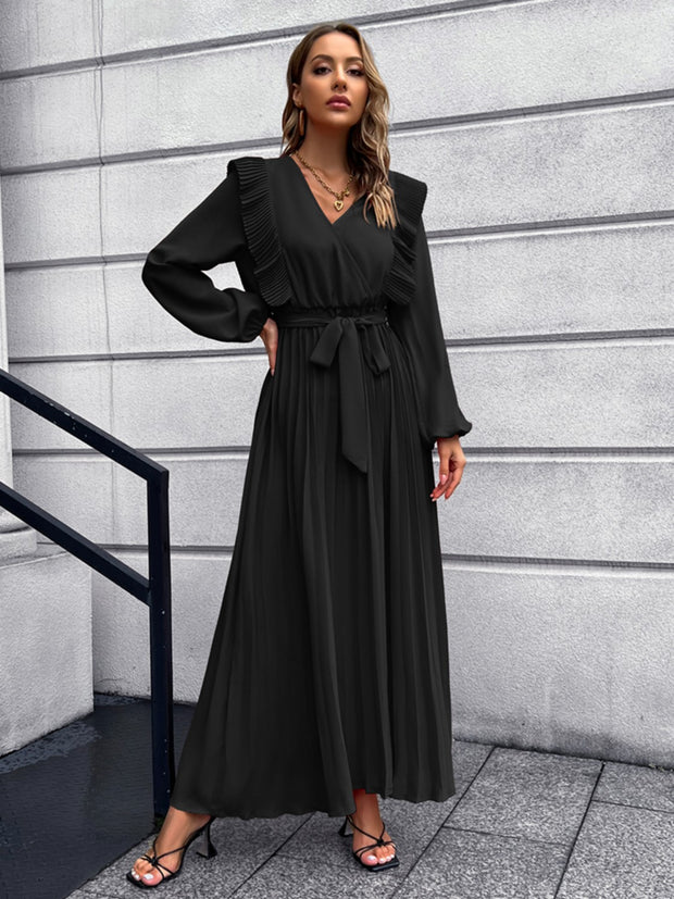 Pleated Surplice Tie Waist Maxi Dress Trendsi