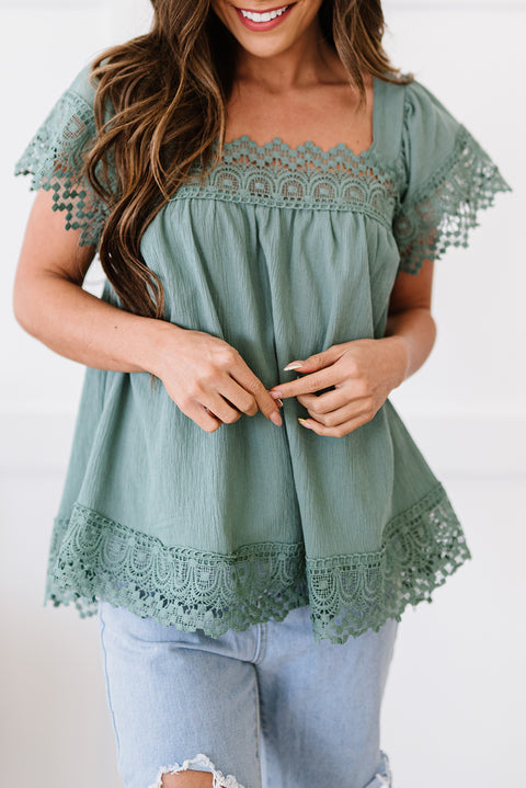 Lace Detail Square Neck Short Sleeve Blouse Trendsi