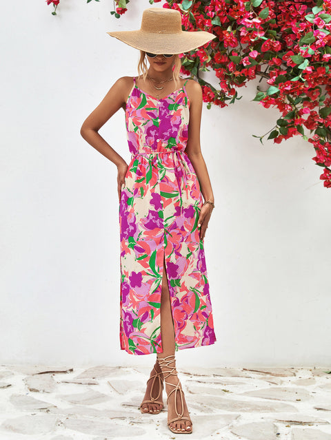 Printed Spaghetti Strap Front Slit Dress Trendsi