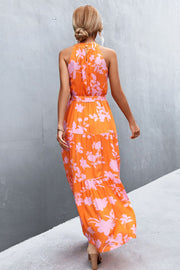 Printed Sleeveless Tie Waist Maxi Dress Trendsi