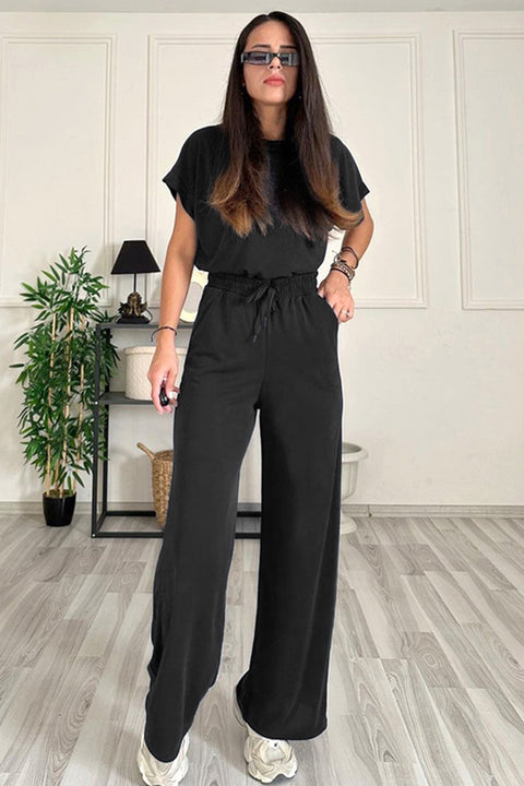 Round Neck Short Sleeve Top and Drawstring Pants Set Trendsi