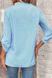 Striped Notched Roll-Tab Sleeve Shirt Trendsi