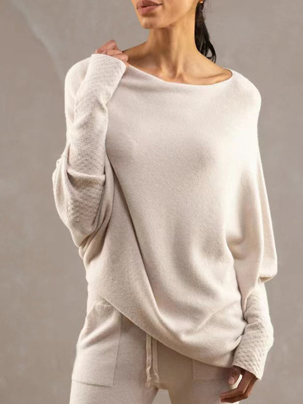 Full Size Boat Neck Batwing Sleeve Knit Top Trendsi