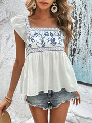 Embroidered Square Neck Cap Sleeve Blouse Trendsi