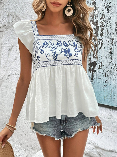 Embroidered Square Neck Cap Sleeve Blouse Trendsi