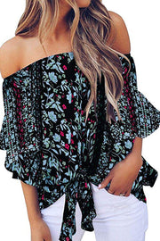 Tied Printed Off-Shoulder Half Sleeve Blouse Trendsi