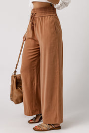 Drawstring Smocked Waist Wide Leg Pants