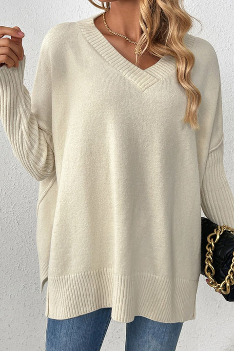 Slit V-Neck Dropped Shoulder Sweater Trendsi