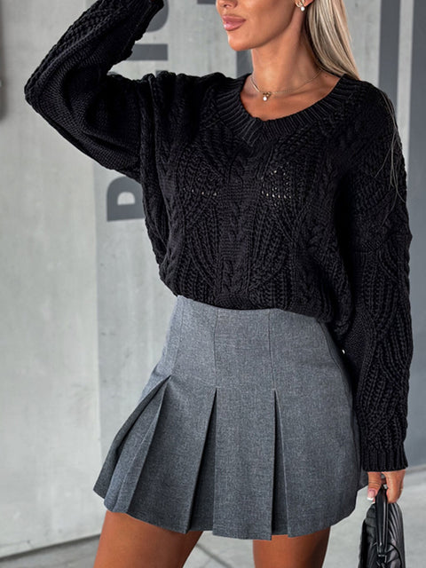 V-Neck Cable-Knit Long Sleeve Sweater Trendsi