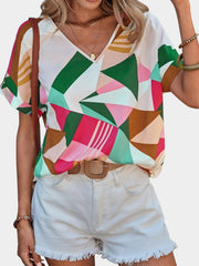 Printed V-Neck Short Sleeve Blouse Trendsi