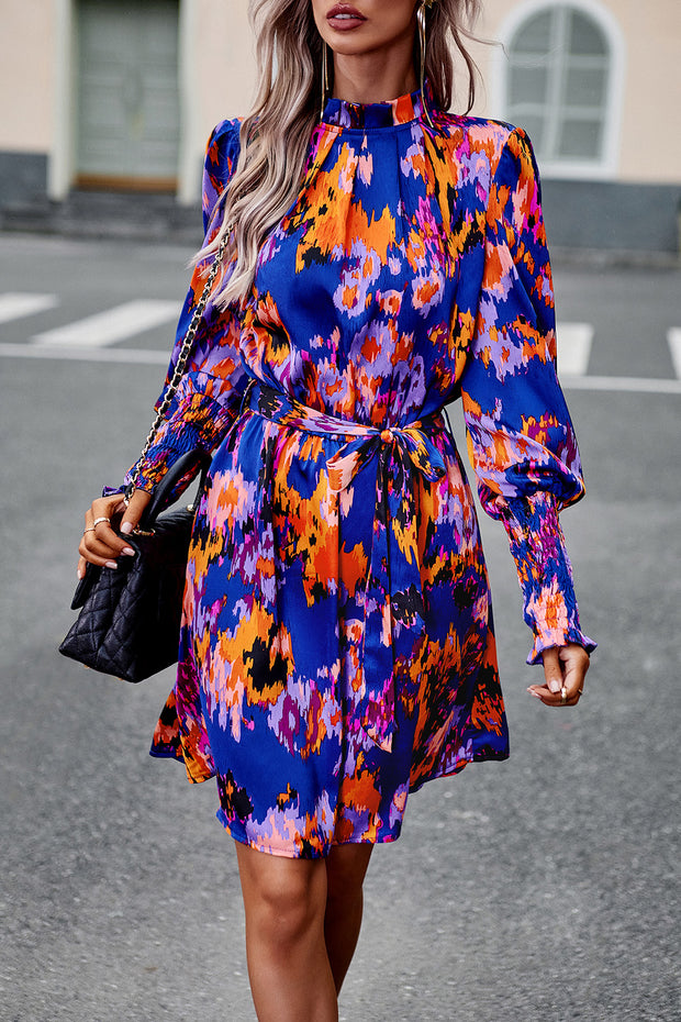 Printed Tie Waist Mock Neck Lantern Sleeve Dress Trendsi