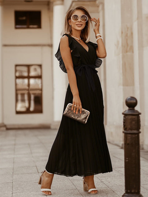 Tied Surplice Cap Sleeve Pleated Dress Trendsi