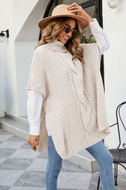 Cable-Knit Turtleneck Slit Sweater Trendsi