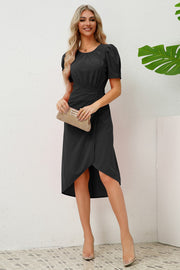 Slit Ruched Round Neck Puff Sleeve Dress